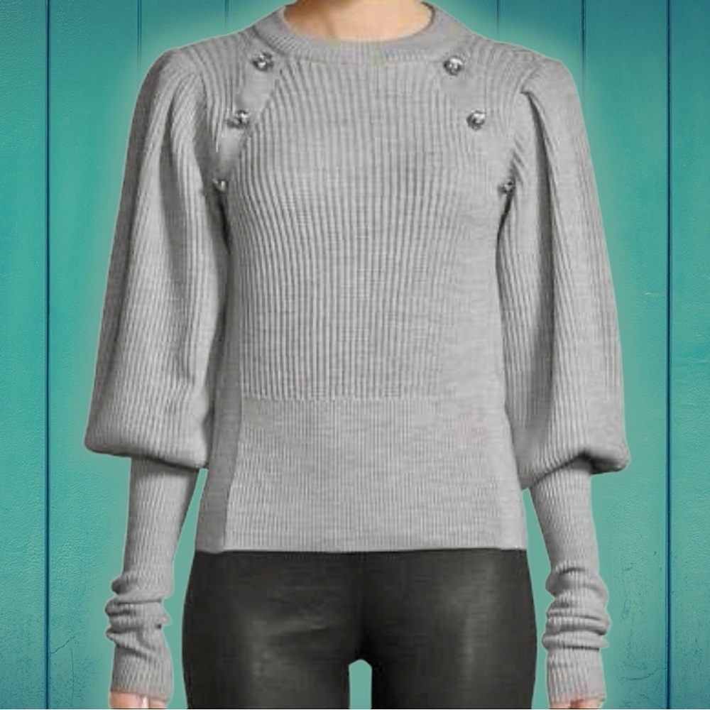 Veronica Beard ‘Jude’ 100% Wool Gray Sweater with Jeweled Accents Size Small